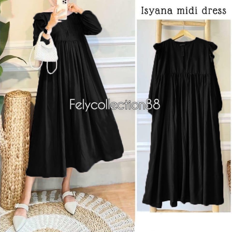 Isyana Midi Dress / Gamis Wanita Terbaru / Kekinian / Casual Dress Murah / Fashion Muslim