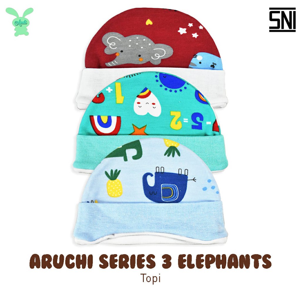 ♥BabyYank♥ Aruchi 3Pcs Topi Bayi Motif Elephant &amp; Crocodile (NB-3M) 1Pack isi 3pcs Topi