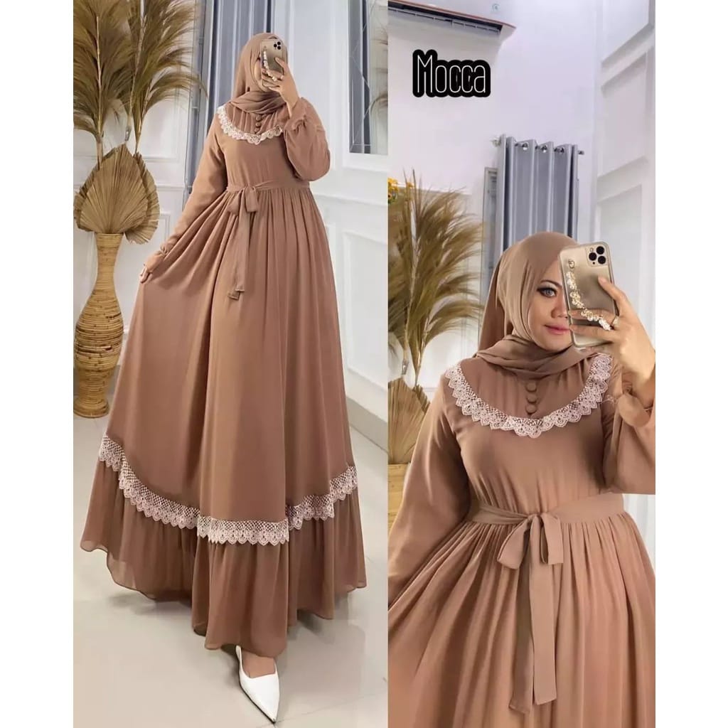 Busana Muslim Wanita Terbaru Cantika Dress Kondangan Baju Wanita Jumbo Gamis Ceruty Babydoll Aksen Renda