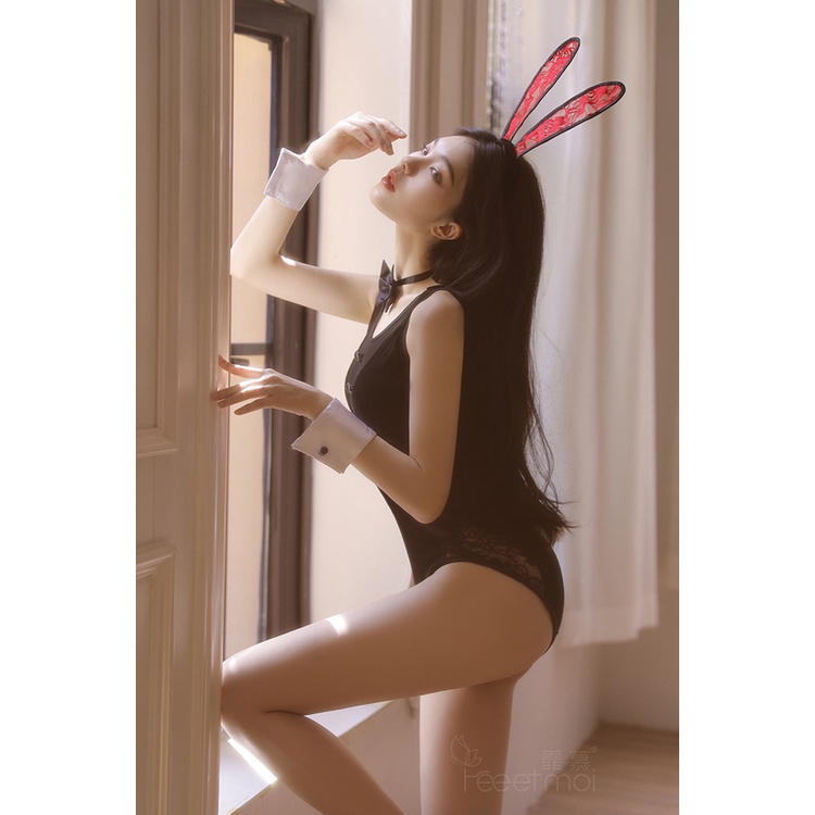 RR1417BK COSTUME Lingerie Cosplay Bunny Halloween Girl LINGERIE LEOTARD / TEDDY + BANDO Dasi + hand acc + bunny clip