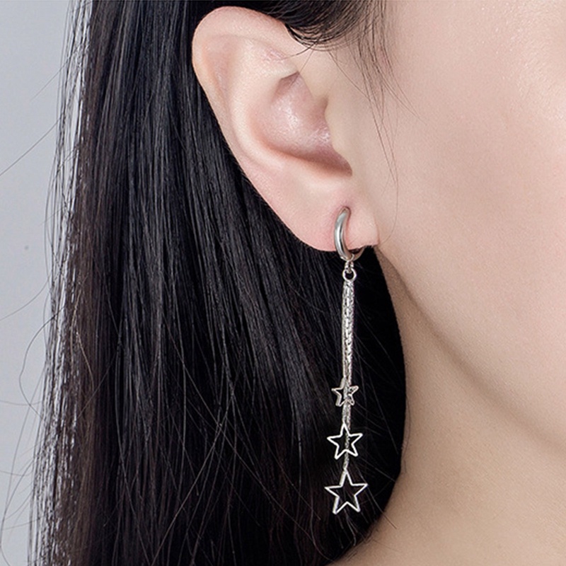 Anting Rumbai Panjang Bentuk Bintang Model Hollow Tiga Tingkat Warna Silver Untuk Wanita