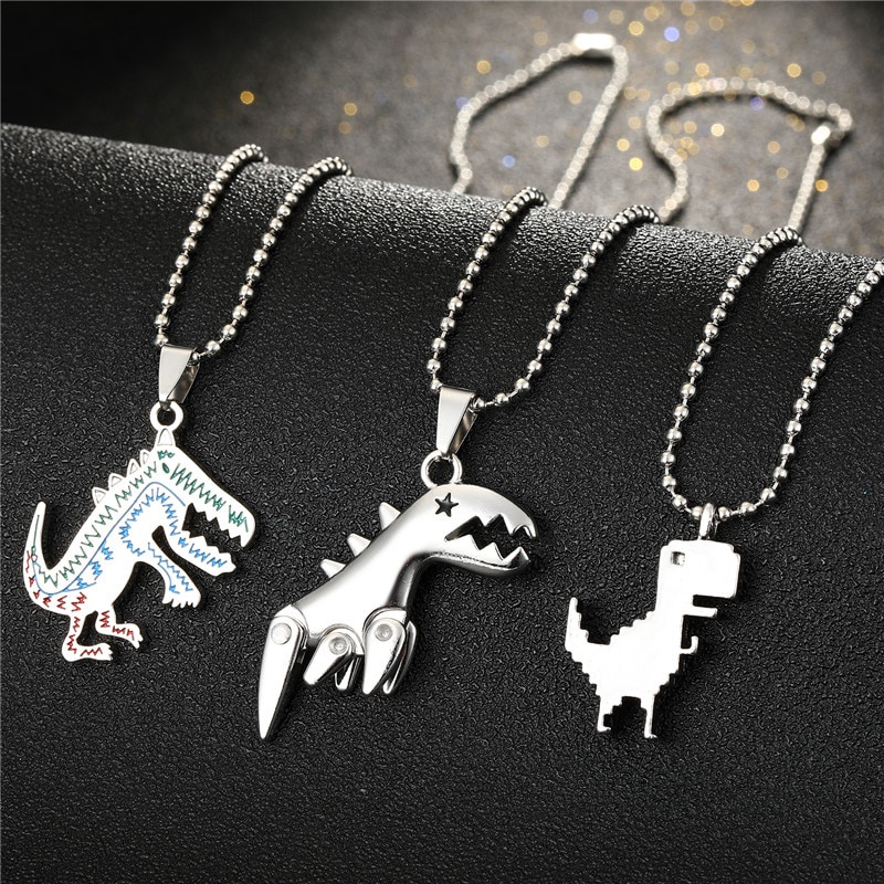1pc Kalung Rantai Liontin Dinosaurus Kecil Bahan Logam Baja Gaya Punk Hip Hop Untuk Pria Dan Wanita
