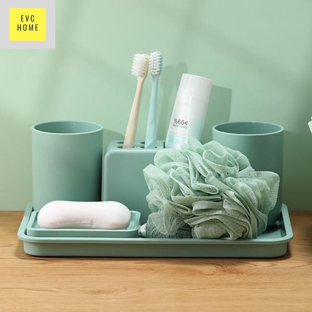 EVCHOME Organizer Kamar Mandi Plastik/ 1set isi 6pcs Simple Stylish Bathroom Set with Glass