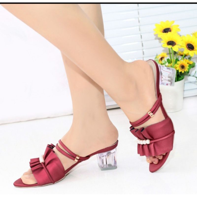 Sandal Heels kaca Wanita Mutiara Deret AD 04-maroon