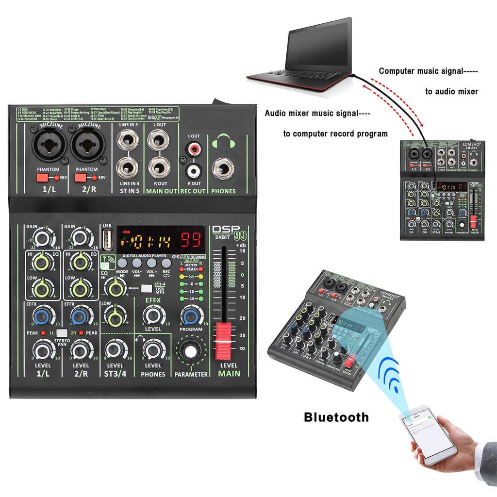 Audio Mixer Studio Professional 4 Channel Bluetooth Karaoke 4 Channel 99 DSP Effects Record Podcast Audio Mixer USB Audio Interface Digital MP3 Computer Input Live Studio Audio Sound Desk System Interface Portable +48V Phantom Power USB Computer Record