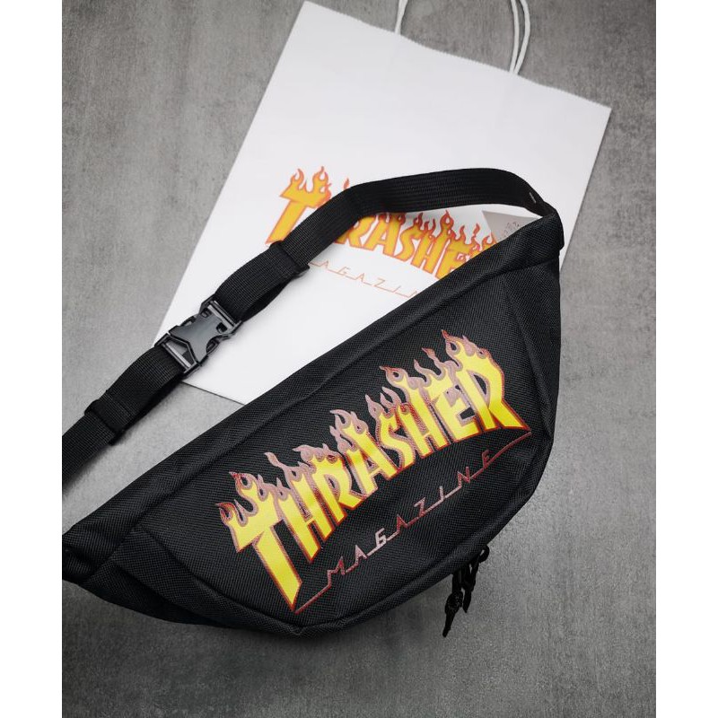 Waistbag Thrasher Flame Logo Waist Bag Black With paperbag tas pinggang pria dan wanita bonus paperbag