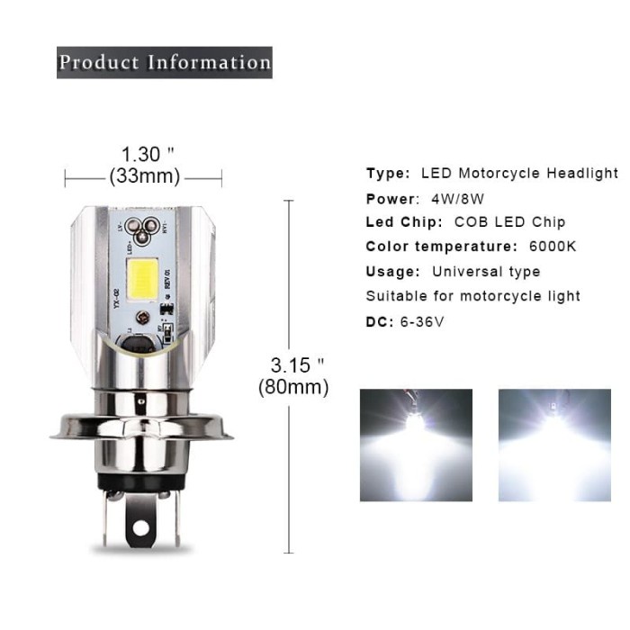 Urbanroad Lampu Motor H4 Headlight LED Hs1 6W 6500K 1PCS Low High Beam