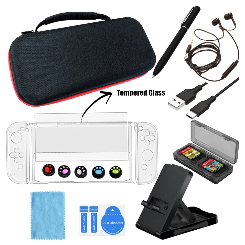 Tas Crystal Case Game Card Tempered Glass Stand Handsfree Switch OLED