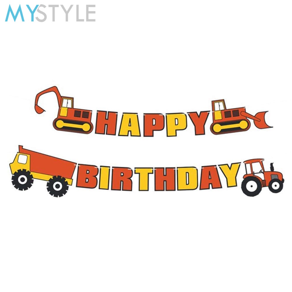 HAPPY TIME BANNER ULANG TAHUN TRUK TRUCK BULDOZER BANNER HAPPY BIRTHDAY BANNER DEKORASI MURAH