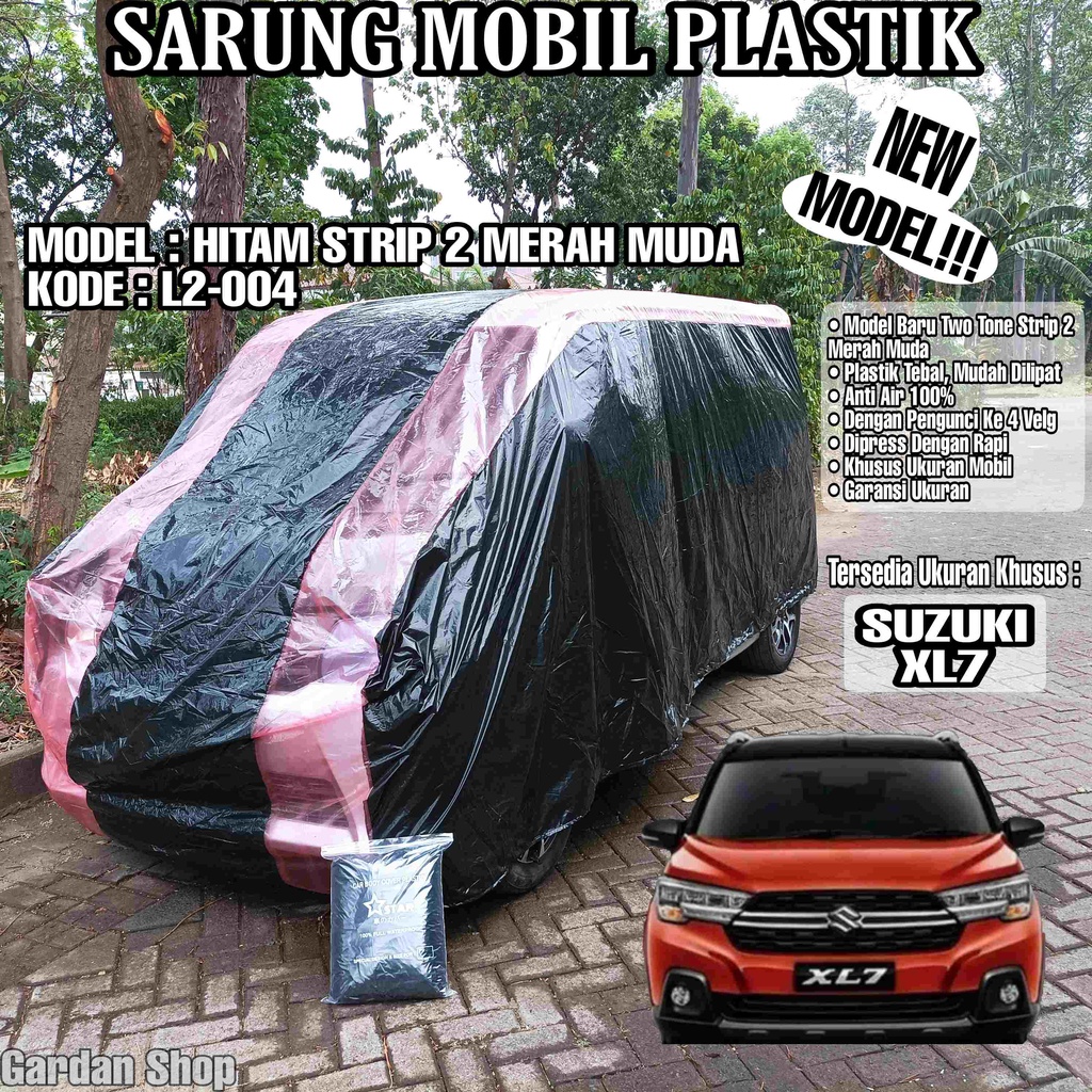 Sarung Mobil Plastik SUZUKI XL7 Hitam Strip 2 Merah Muda Full Anti Air Full Waterproof