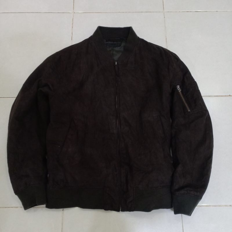 Jaket Uniqlo MA-1 faux suede bomber jacket dark brown size XL Original Murah