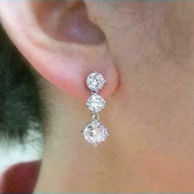 Anting Tusuk Gantung Wanita Desain 3 Bulat Hias Cubic Zirconia Gaya Simple Untuk Pertunanganpernikahan