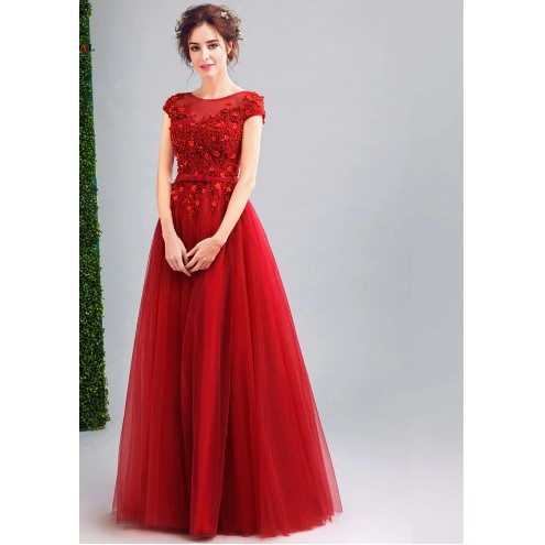 Red Evening Dresses A-line Lace Beading Pearls Tulle Long Crystal Formal Party Dress Gowns 2020