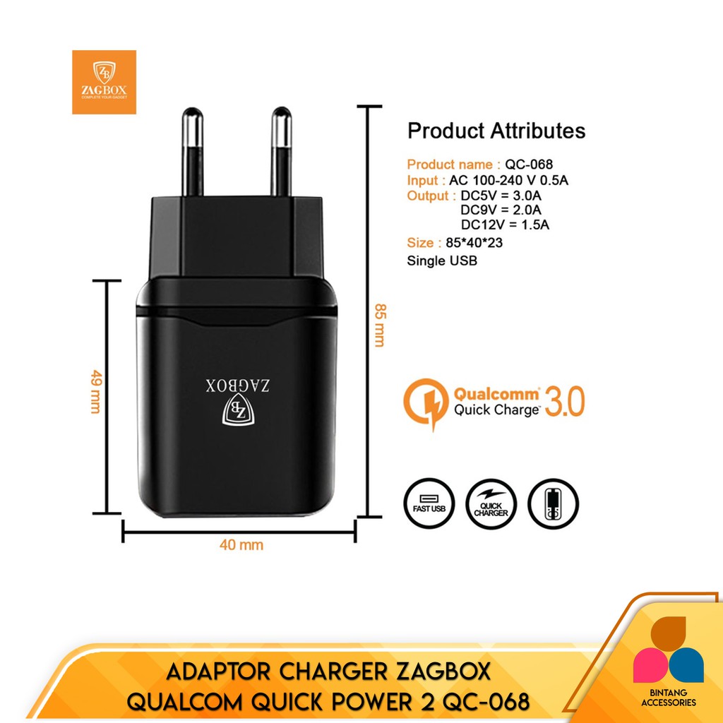 Kepala Charger Quick Charger Qualcomm 3.0 QUICK POWER 2 ZAGBOX QC-068 For All Android Iphone