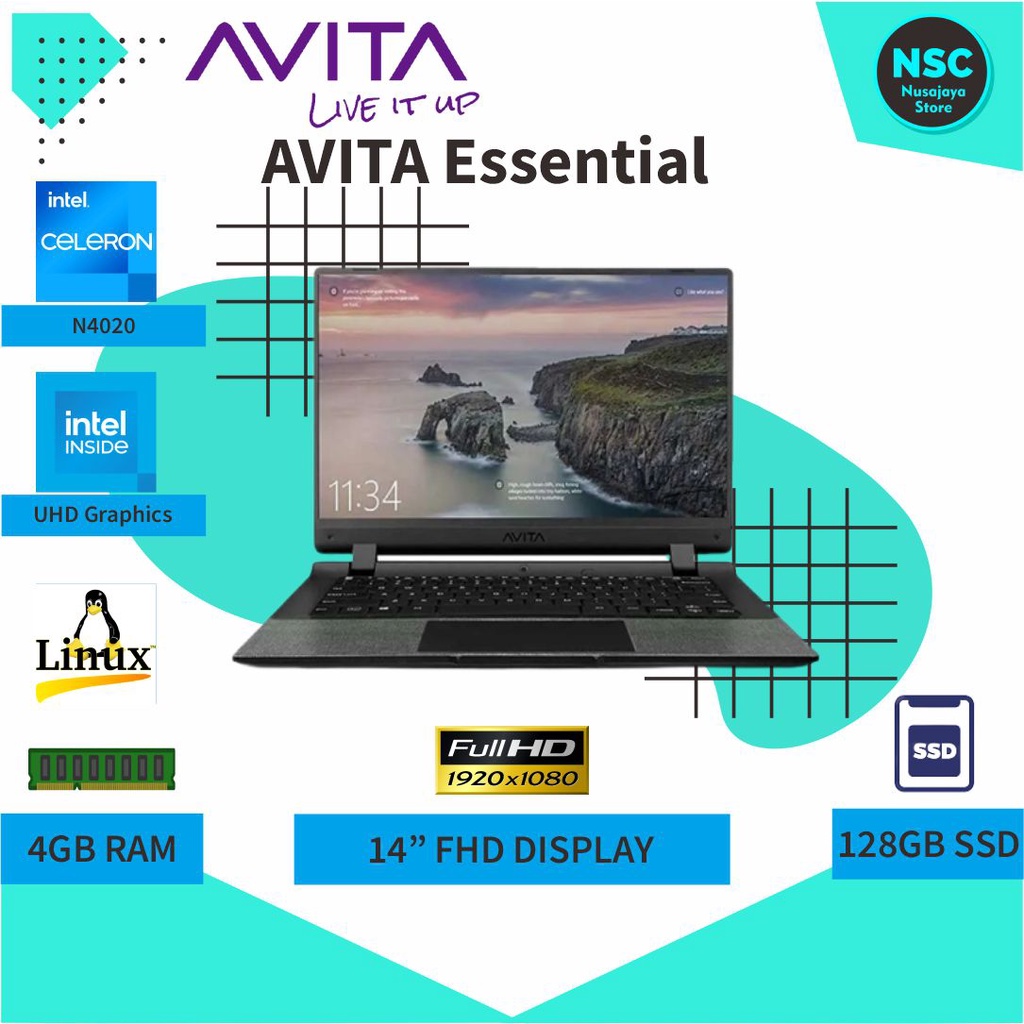 AVITA ESSENTIAL 14 NE14A2IDC435 INTEL N4020 RAM 4GB SSD 128GB 14" LINUX