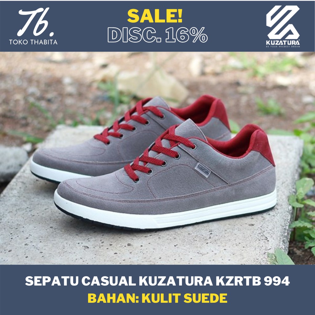 Sepatu Pria Casual Kulit Suede Leather Sneaker Abu Dengan Tali Keren Kuzatura Original