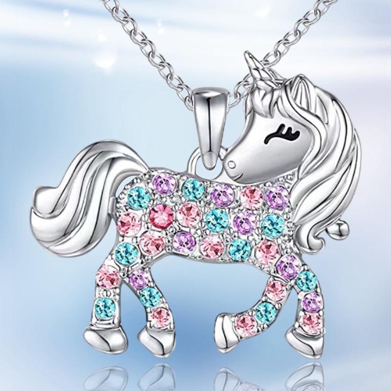 Kalung Liontin Unicorn Aksen Berlian Imitasi Gaya Korea Untuk Wanita