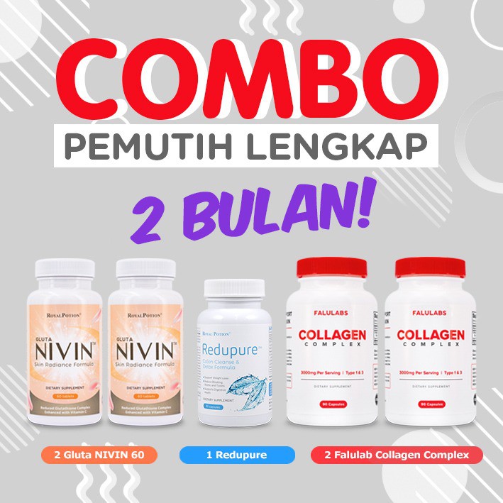 Combo Pemutih Kulit Lengkap 2 Bulan [2x Gluta Nivin 60 + 1x Redupure + 2x Falulabs Collagen]
