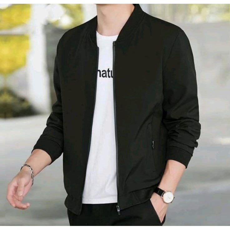 Jaket Pria Distro Tebaru HARRINGTOON POLET BOMBER FORMAL / Jaket Pria outdoor / Jaket garis polos / Jaket tebal murah-Hitam