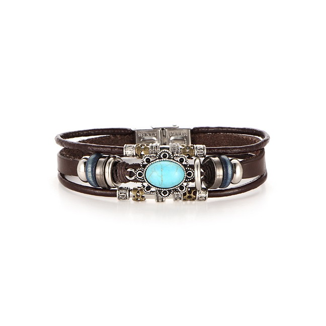 LRC Gelang Tangan Fashion Silver Faux Leather Inlaid Oval Turquoise Bracelet D09748