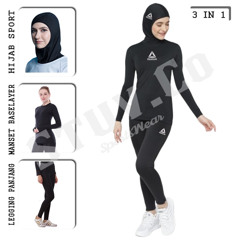 PAKET BASELAYER PANJANG THUMBHOLE CELANA LEGGING PANJANG DAN KERUDUNG INSTAN SPORT OLAHRAGA WANITA