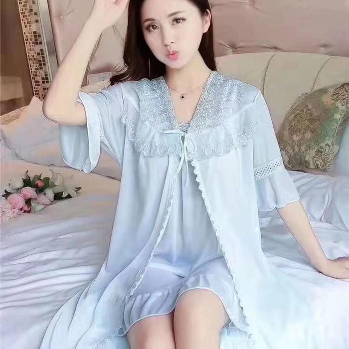 Yopao | Kimono Baju Tidur Wanita Dewasa Set 2 In1 Bahan Satin Import Chase 010 - Biru Muda READY STO