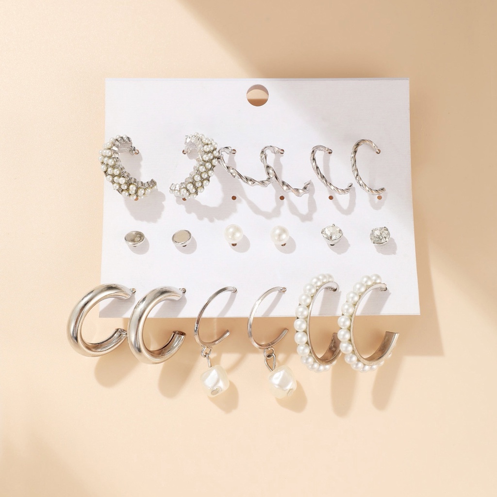 Hu Hu Hu Hu Hu Alat Bantu Pasang Kacamata♡ 1 Set Anting Hoop Bentuk Bulat Geometris Aksen Mutiara Berlian Imitasi Untuk Wanita