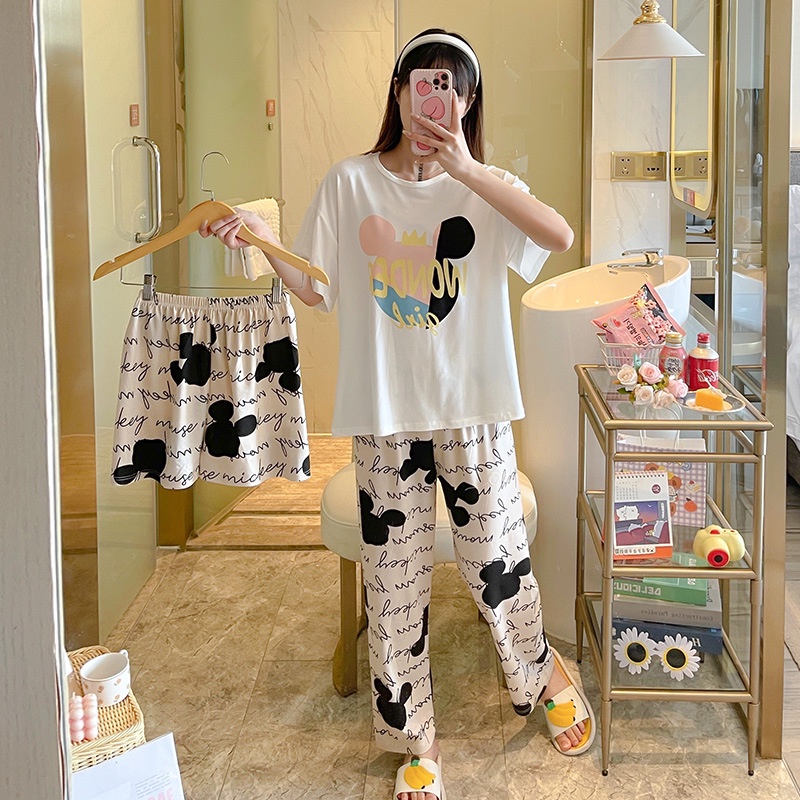 Baru set Baju Tidur Wanita Dewasa Oversize Piyama Bahan Kaos Celana Panjang & Pendek Setelan Baju Tidur 3IN1 Setelan Piyama-2