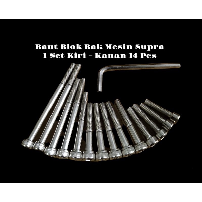 Baut Blok Baut Bak Mesin Supra Set Kiri - Kanan Isi 14 Pcs Free Kunci L Chrome