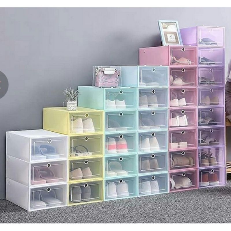 Kotak Sepatu Frame Plastik Lipat Flip Buka Depan Transparant shoes box portable foldable pria wanita