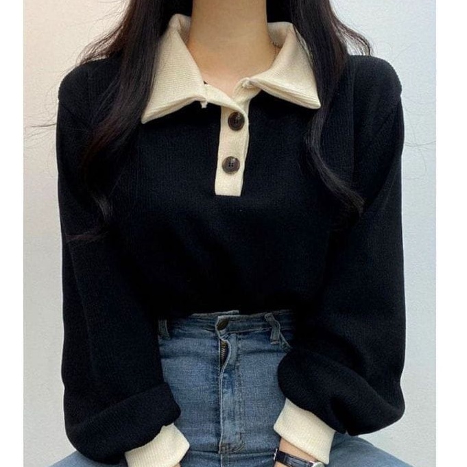 COLLAR GIRL SWEATER WANITA OVERSIZE - CREWNECK WANITA OVERSIZE - SWEATER KERAH MODEL KANCING