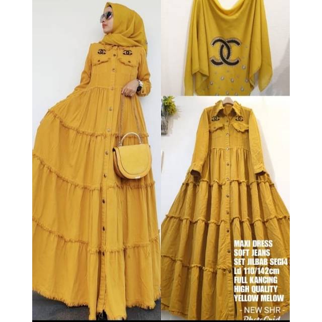 100% SHR maxi dress soft jeans canda set jilbab motif chanel syahira import