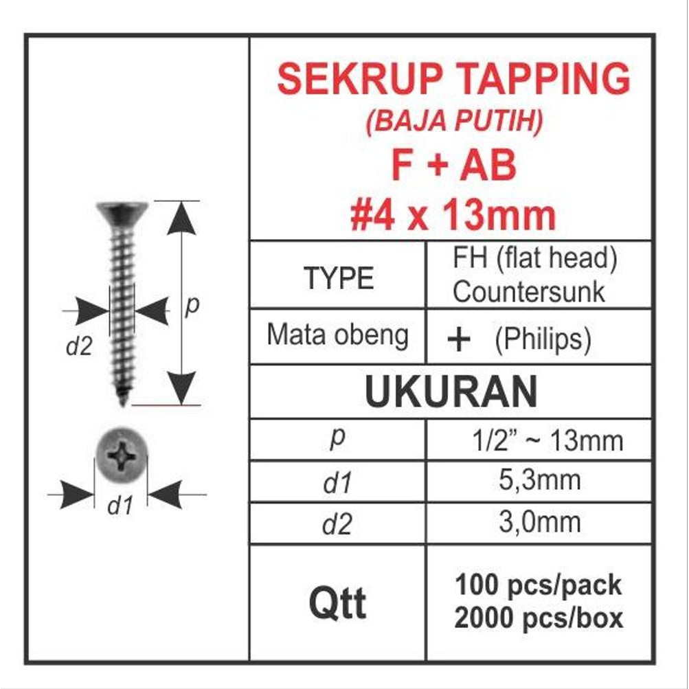Unik Sekrup No 4 x13mm - Sekrup tapping - paku sekrup - baja putih - isi 100pcs terbaik