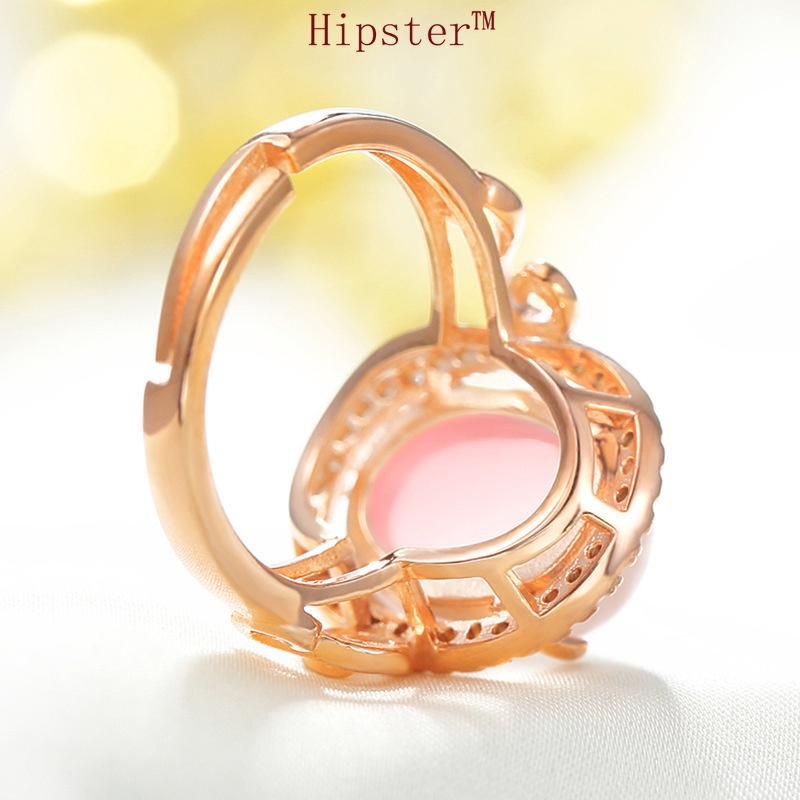 Elegant Ethnic Antique Rose Gold Egg-Shaped Pink Crystal Hand Adjustable Ring