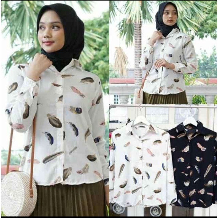 BLOUSE JUMBO KEMEJA WANITA MONALISA MOTIF BULU / ATASAN WANITA KEKINIAN BISA COD BAYAR DITEMPAT / KEMEJA MONALISA JUMBO-4