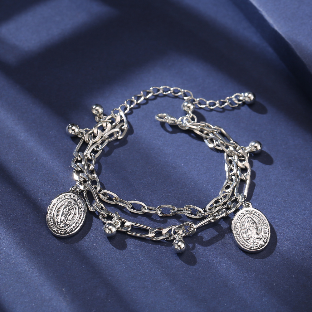 Gelang Multilayer Desain Beruang Salib Hati Warna Silver Gaya Korea Untuk Pasangan