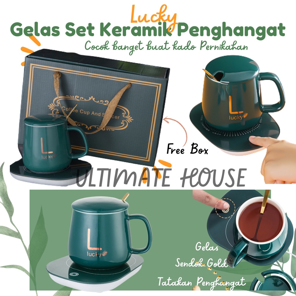 Mug Cangkir Elektrik Set Keramik Pemanas Penghangat Kopi Gelas Set