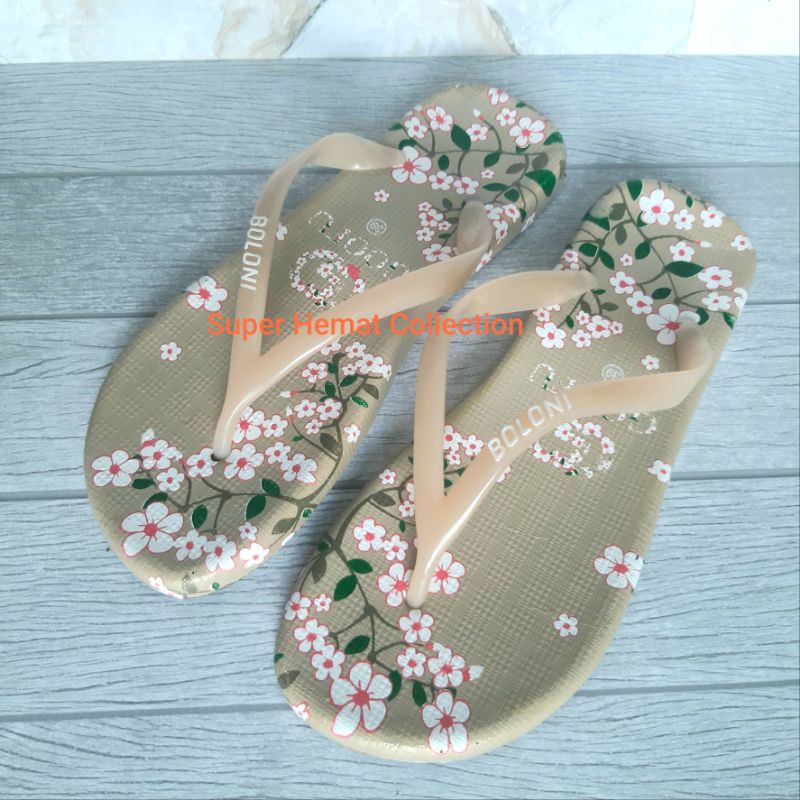 Boloni Gofu Sandal Jepit Full Karet Wanita Cewek Motif Bunga Sakura Bali Murah Kekinian (Goofu)-Cream