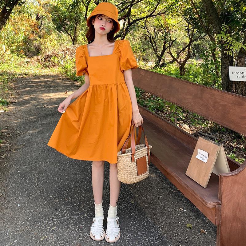 [littlecrab] Dress Square Neck Lengan Balon Simple Polos Orange Hitam Dress Bahan Berkualitas Lembut Elegan Dress Pendek Korean Style Simply Aesthetic