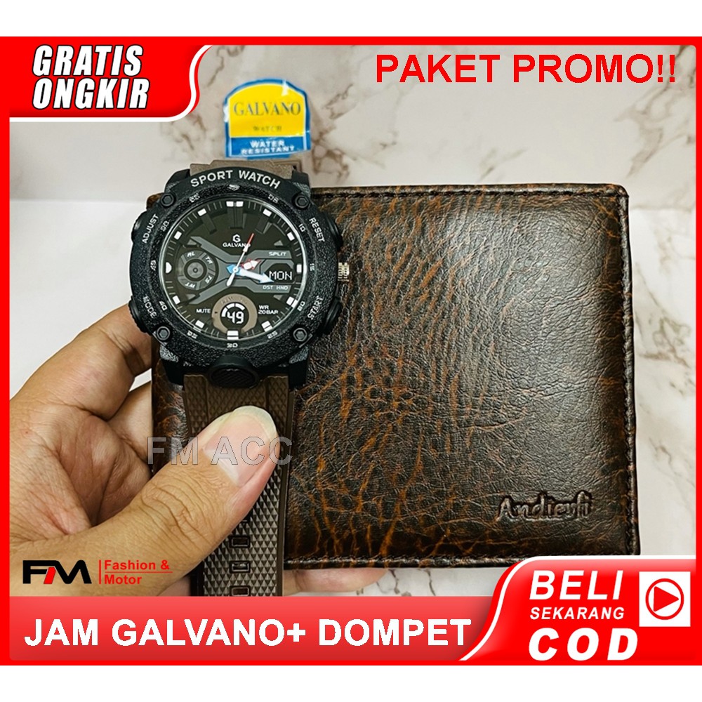 [PAKET KEREN] Jam Tangan Pria Sport Galvano+Dompet Lipat Pedek-Choklat