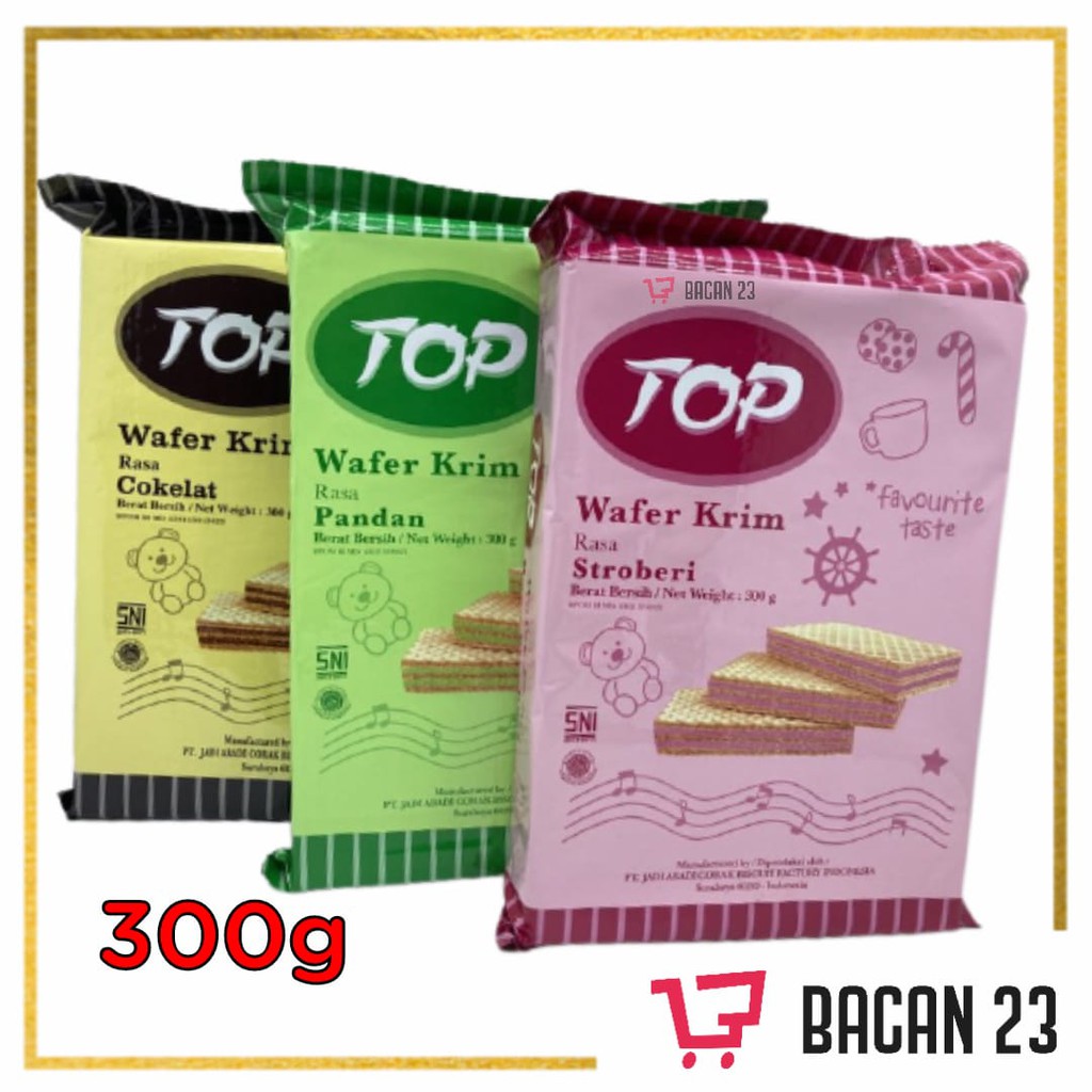 Top Wafer Krim (300gr) ( Cokelat - Stroberi - Pandan ) / Wafer Lapis Krim / Bacan 23 - Bacan23