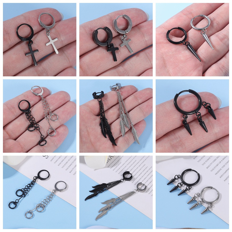 1pc Anting Hoop Liontin Salib Rumbai Bulu Bahan Stainless Steel Gaya Gothic Punk Korea