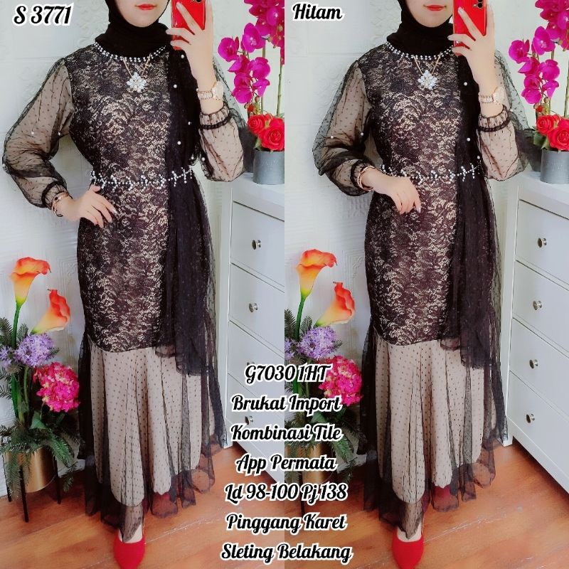 3771 Maxi Dress Brukat Tile Duyung Permata Hitam