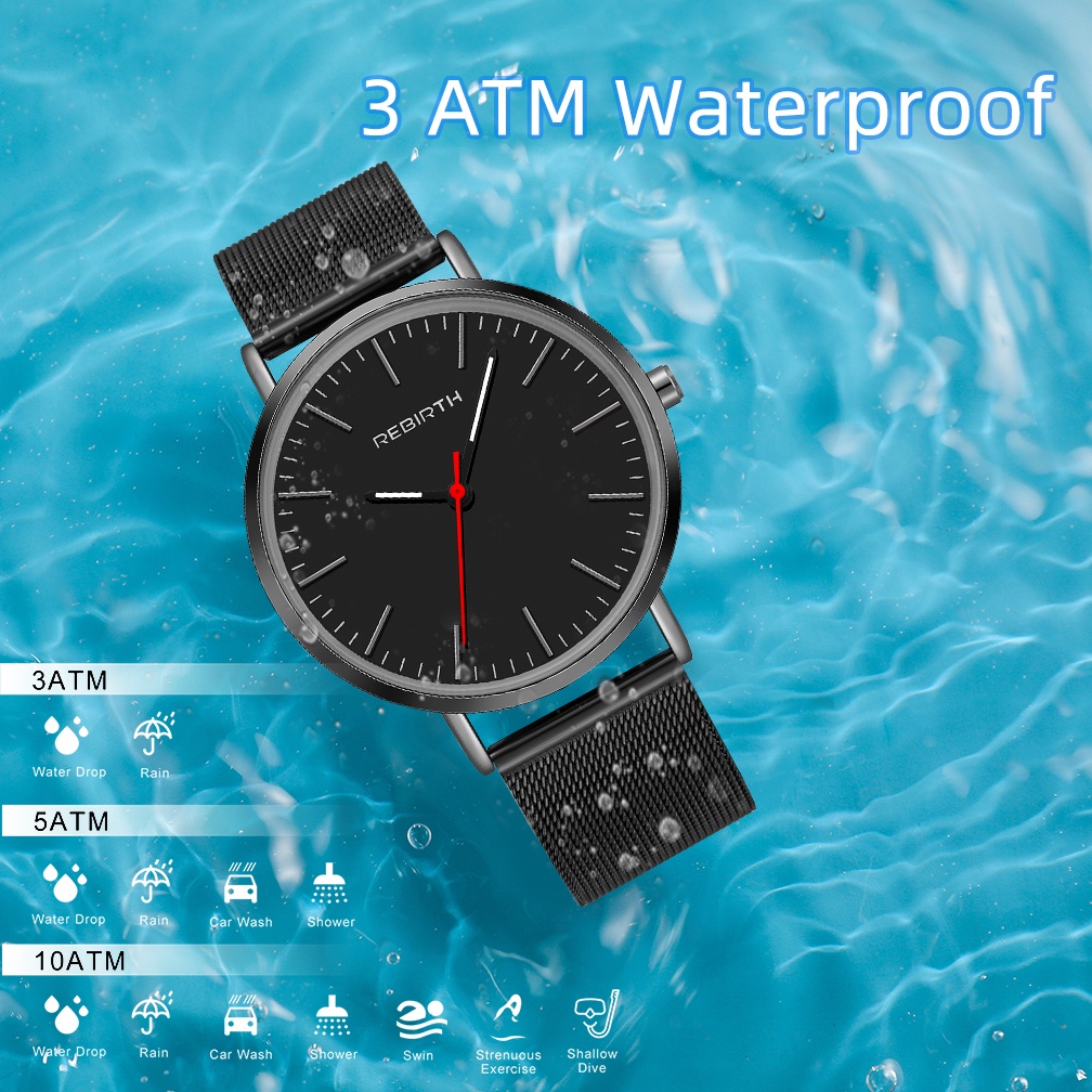 REBRTH Jam Tangan Wanita Mode Santai Sederhana Dial Jam Tangan Tipis Tahan Air Kuarsa Tali Jala Jam Tangan Cewek