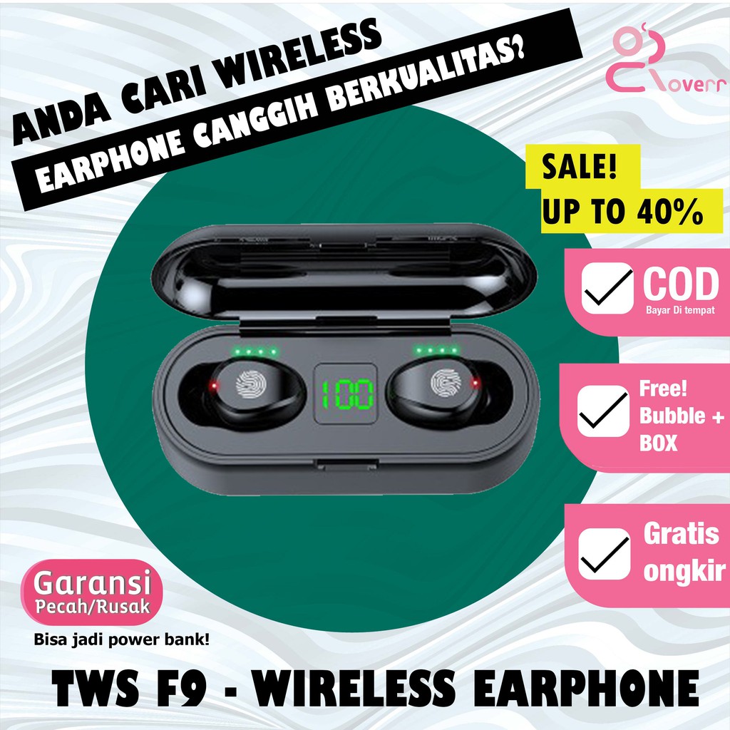 Earphone Headset Bluetooth TWS F9 Waterproof True Wireless Sport LED Touch Sensor Original TE7