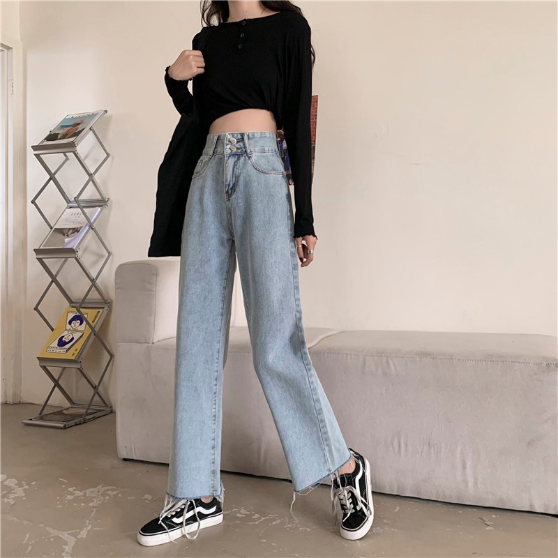 [chaoo.id]Celana Jeans Lurus Retro Korea Wanita Longgar Kaki Lebar Pinggang TinggiJeans pinggang tinggi longgar kasual berkaki lurus wanita celana