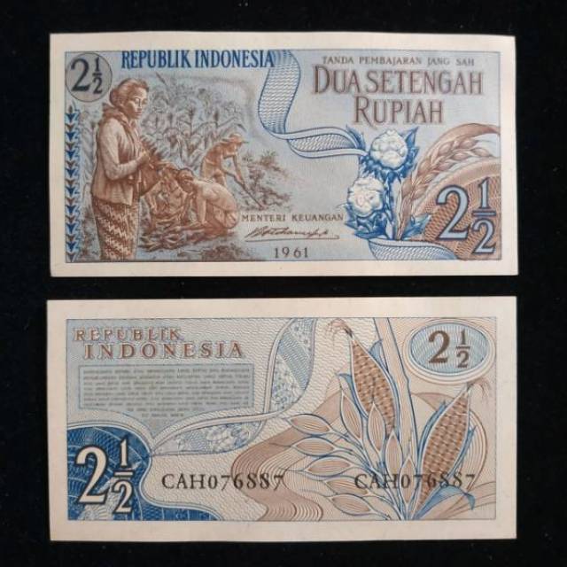 (GRESS/AU/UNC) Uang kuno 2 setengah rupiah sandang pangan tahun 1961 gambar jagung dan padi