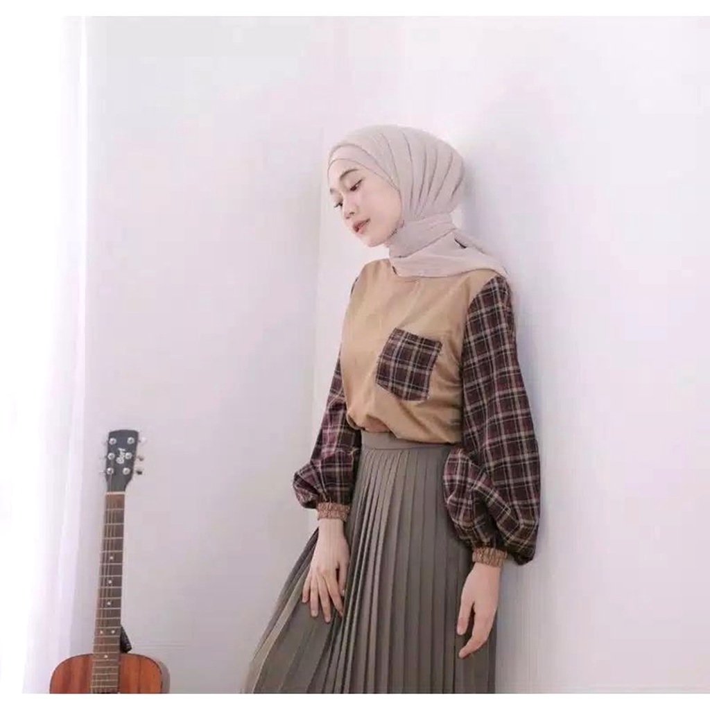 Yola Blouse Kotak Kotak wanita Motif Tartan Linen Atasan Korea Bisa COD