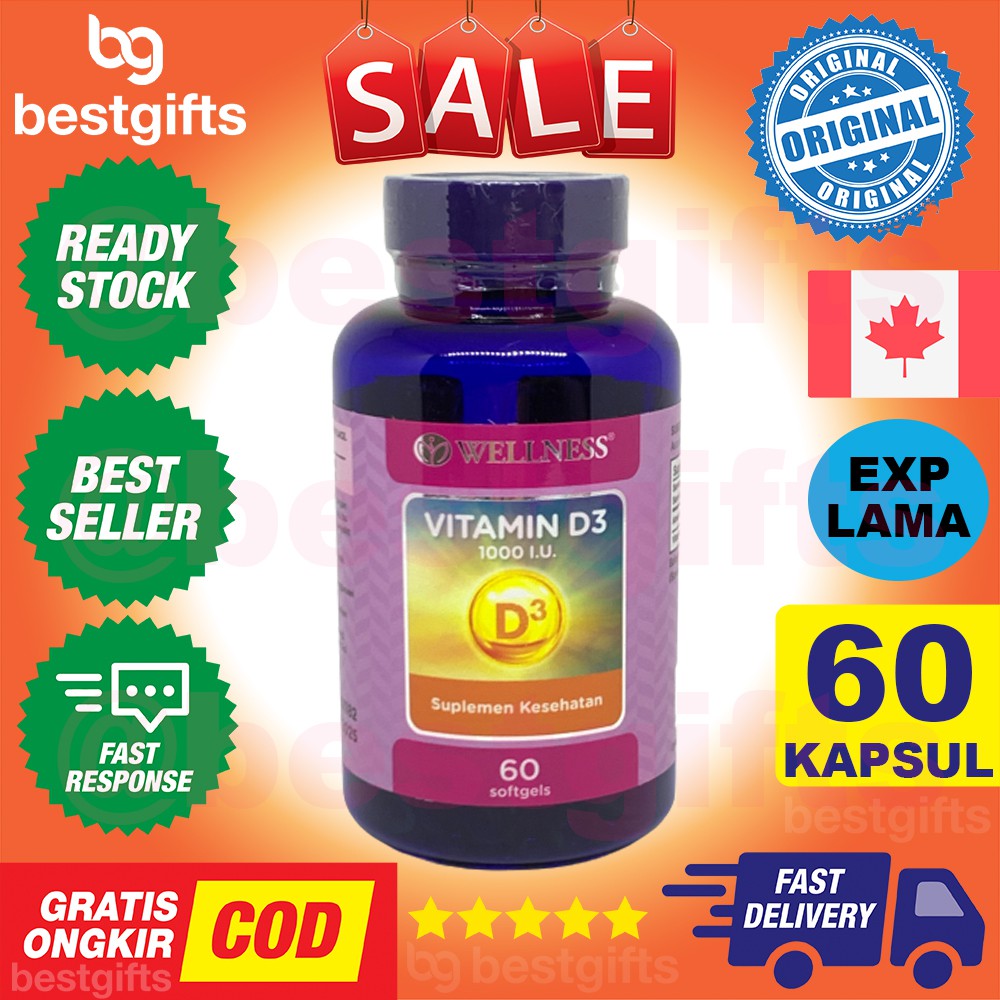 WELLNESS VITAMIN D3 1000 IU VIT D CALCIUM KALSIUM TULANG OTOT ANTIOKSIDAN KEKEBALAN TUBUH 60 KAPSUL