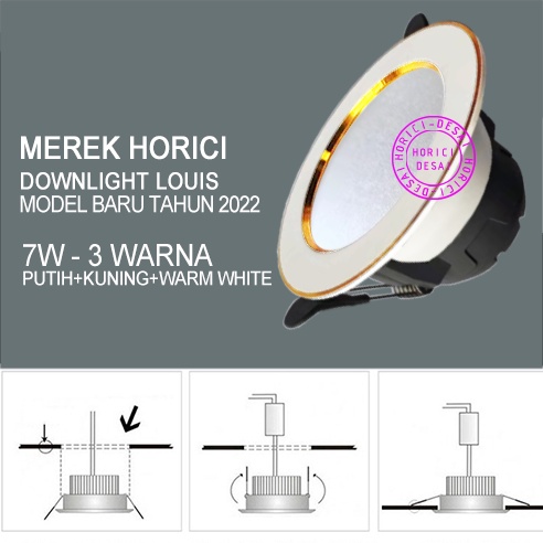 MEREK HORICI 7W MODEL BARU DOWNLIGHT ASLI FULL TERANG BODY SILVER &amp; GOLD/PUTIH DAN HITAM LAMPU LED PLAFON 3 WARNA-PUTIH+KUNING+WW